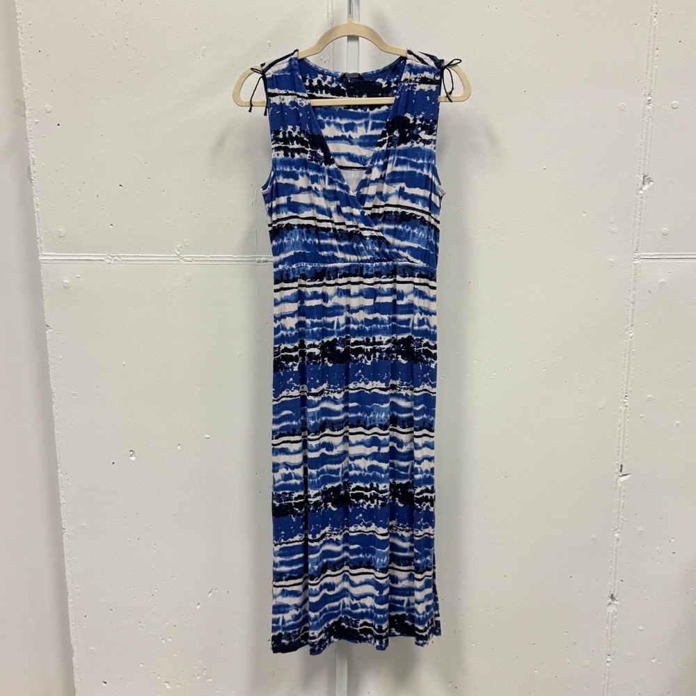 Nautica Blue Tie Dye Stripe Sleeveless Wrap V-Neck Maxi Dress Size Med Nautical